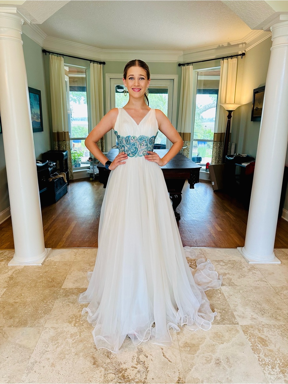 Sherri Hill White Prom Gown with Teal Embellished Waist